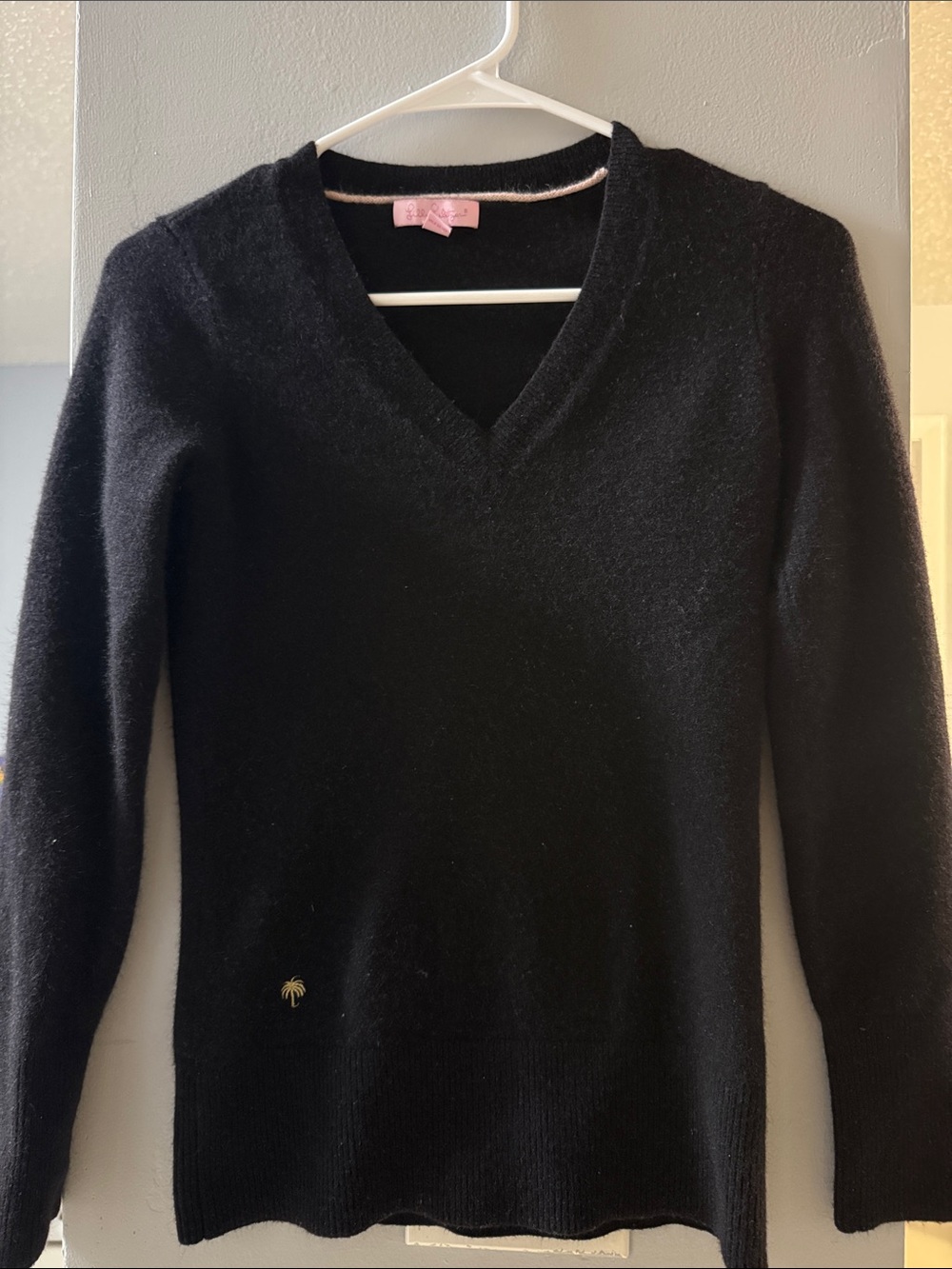 Lilly Pulitzer Black V-Neck Sweater with Gold Palm Accent